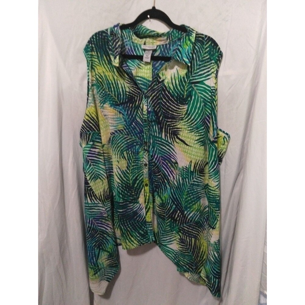 Catherines Womens Green Palm Leaf Button Up Shark Bit Top Blouse Plus 4xl